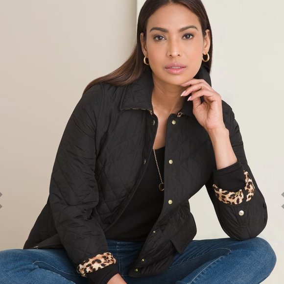 Chico's Quilted Jacket in Black and Leopard Size 3P (16-18) *NWT* - Picture 1 of 10